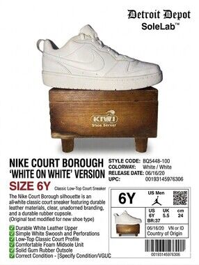 Nike Court Borough Low 2 White White BQ5448-100 Youth Size 6Y Women's 7.5 VGUC